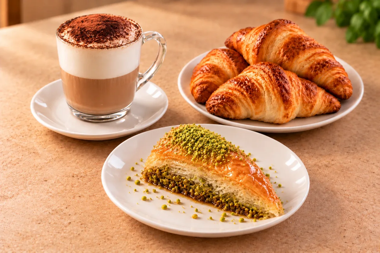 Cappuccino, croissants et part de baklava à la pistache chez Tamaris Food à Lancy