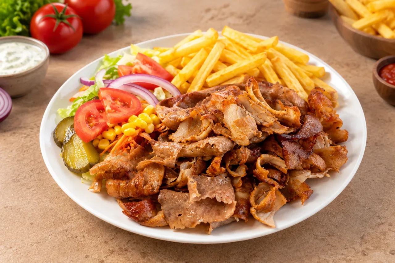 Assiette kebab avec frites, tomates, maïs, cornichons et sauce blanche chez Tamaris Food