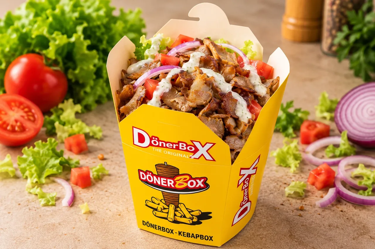 Box kebab garnie de viande, de crudités et de sauce blanche