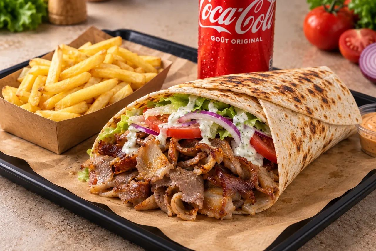 Galette kebab servie avec des frites et une canette de Coca-Cola