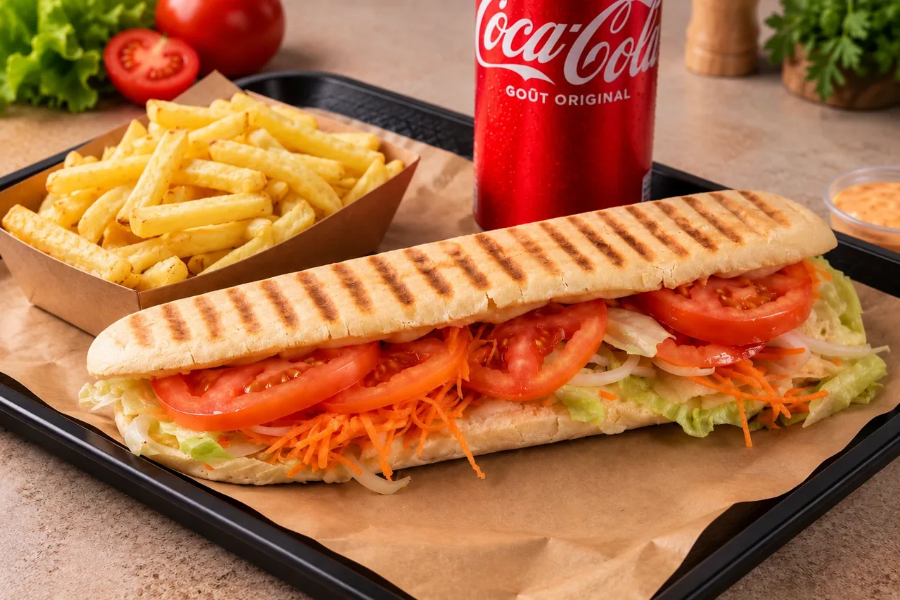 Panini grillé garni de tomates, salade et carottes, servi avec des frites