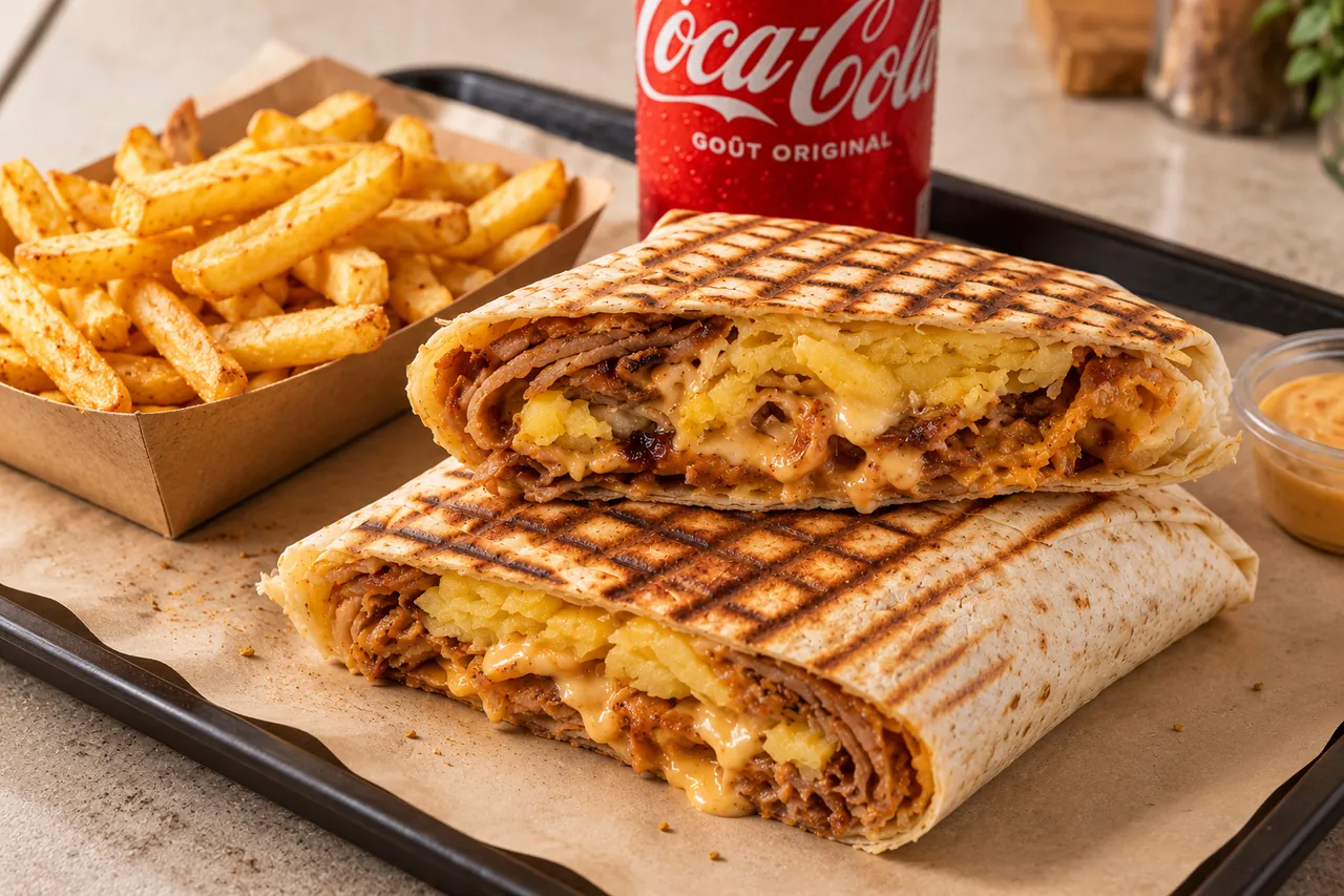 Tacos grillé coupé en deux, garni de viande et de sauce fromagère, servi avec des frites chez Tamaris Food