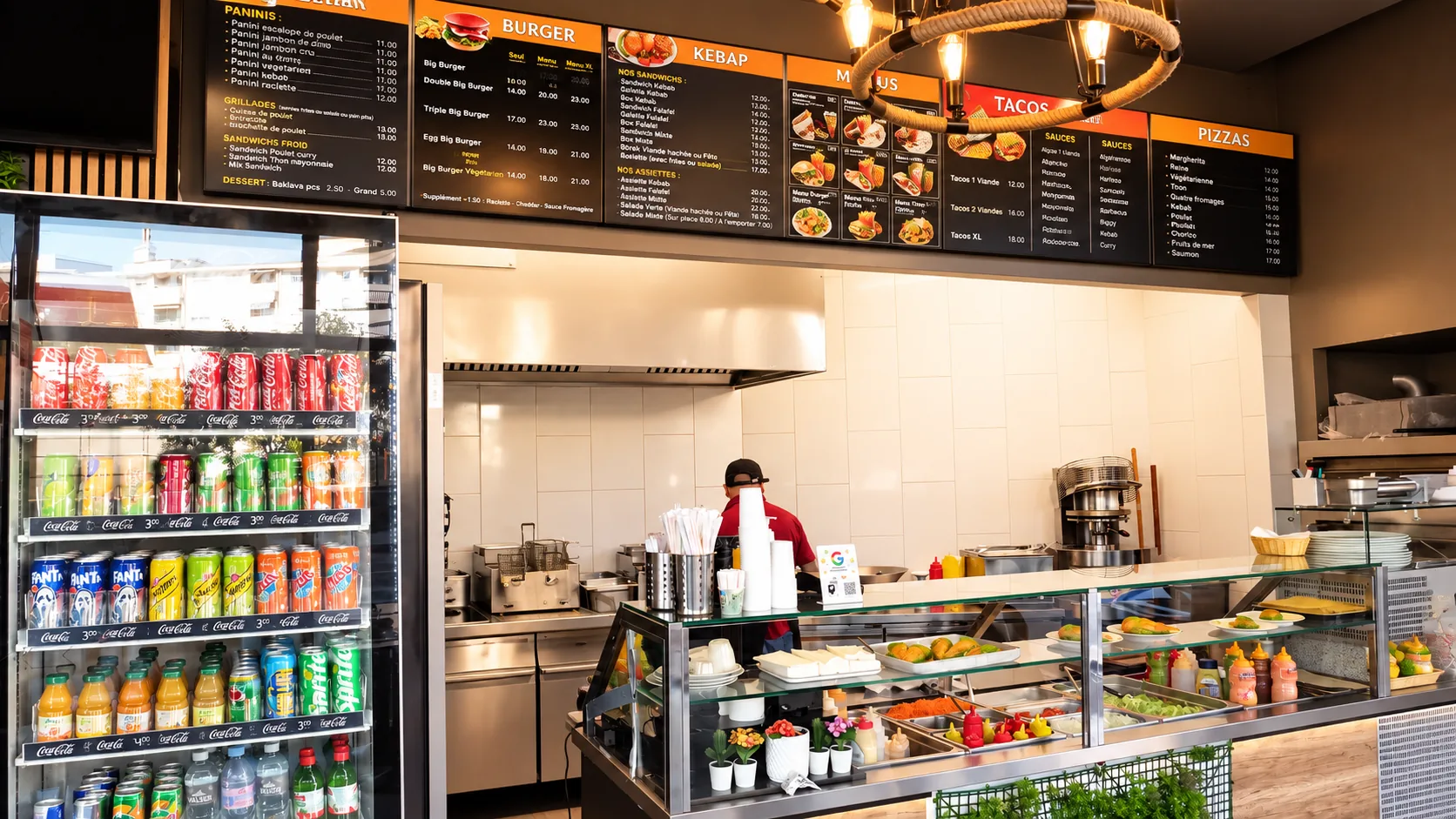 Comptoir de Tamaris Food à Lancy : tableaux de la carte au-dessus de la cuisine ouverte, vitrine de boissons et comptoir garni