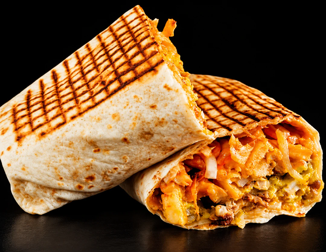 Tacos grillé coupé en deux, garni de frites et de sauce